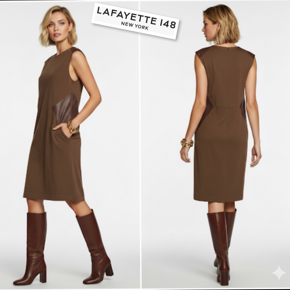 Lafayette 148 New York Brown Leather Insert Pocket Shift Dress Size 10